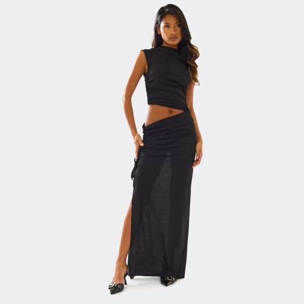 EGO High Neck Ruched Cut Out Detail Maxi Dress In Black, Women's Size UK Large L - 1
