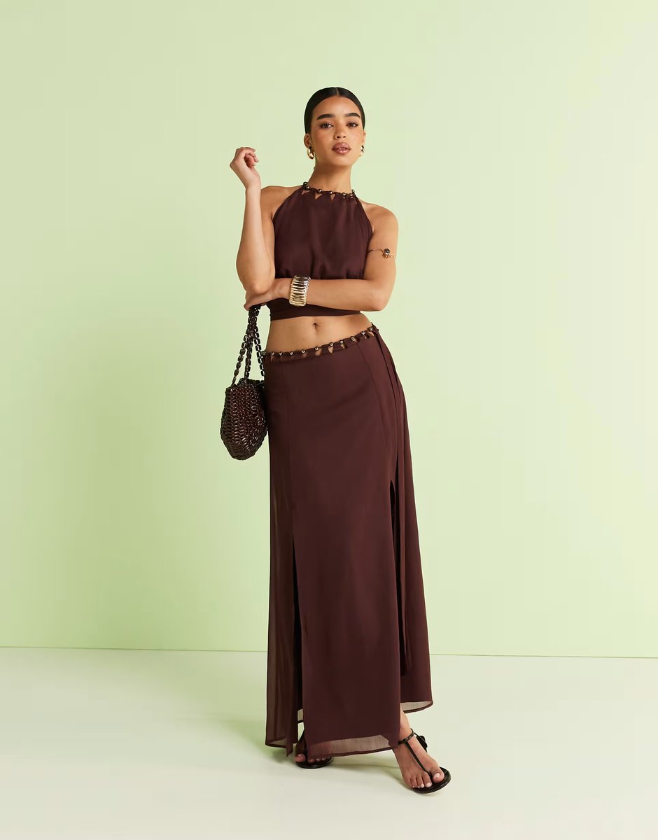 ASOS ASOS DESIGN cut out beaded volume maxi skirt co-ord in brown - 2