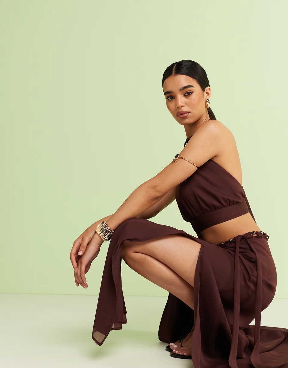 ASOS ASOS DESIGN cut out beaded volume maxi skirt co-ord in brown - 3