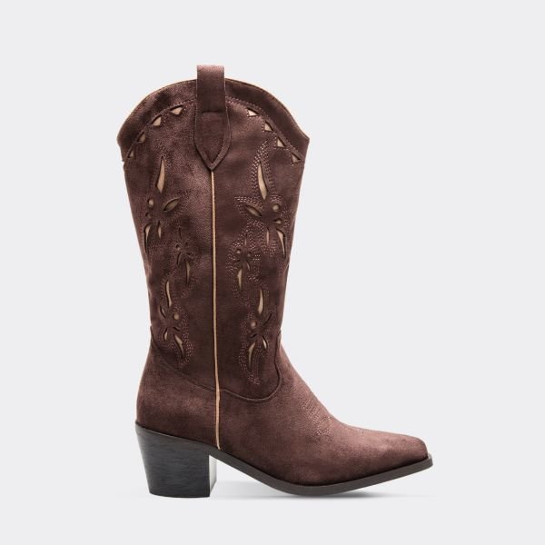 EGO Swift Cut Out Embroidered Detail Mid Calf Western Cowboy Boot In Brown Faux Suede, Women's Size UK 3 - 1