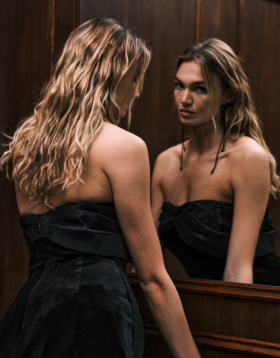 ASOS Jarlo asymmetric bardot velvet mini dress in black - 4