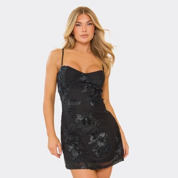EGO Strappy Cupped Detail A-Line Mini Dress In Black Floral Texture, Women's Size UK 6