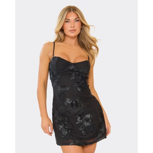 EGO Strappy Cupped Detail A-Line Mini Dress In Black Floral Texture, Women's Size UK 6 - 2