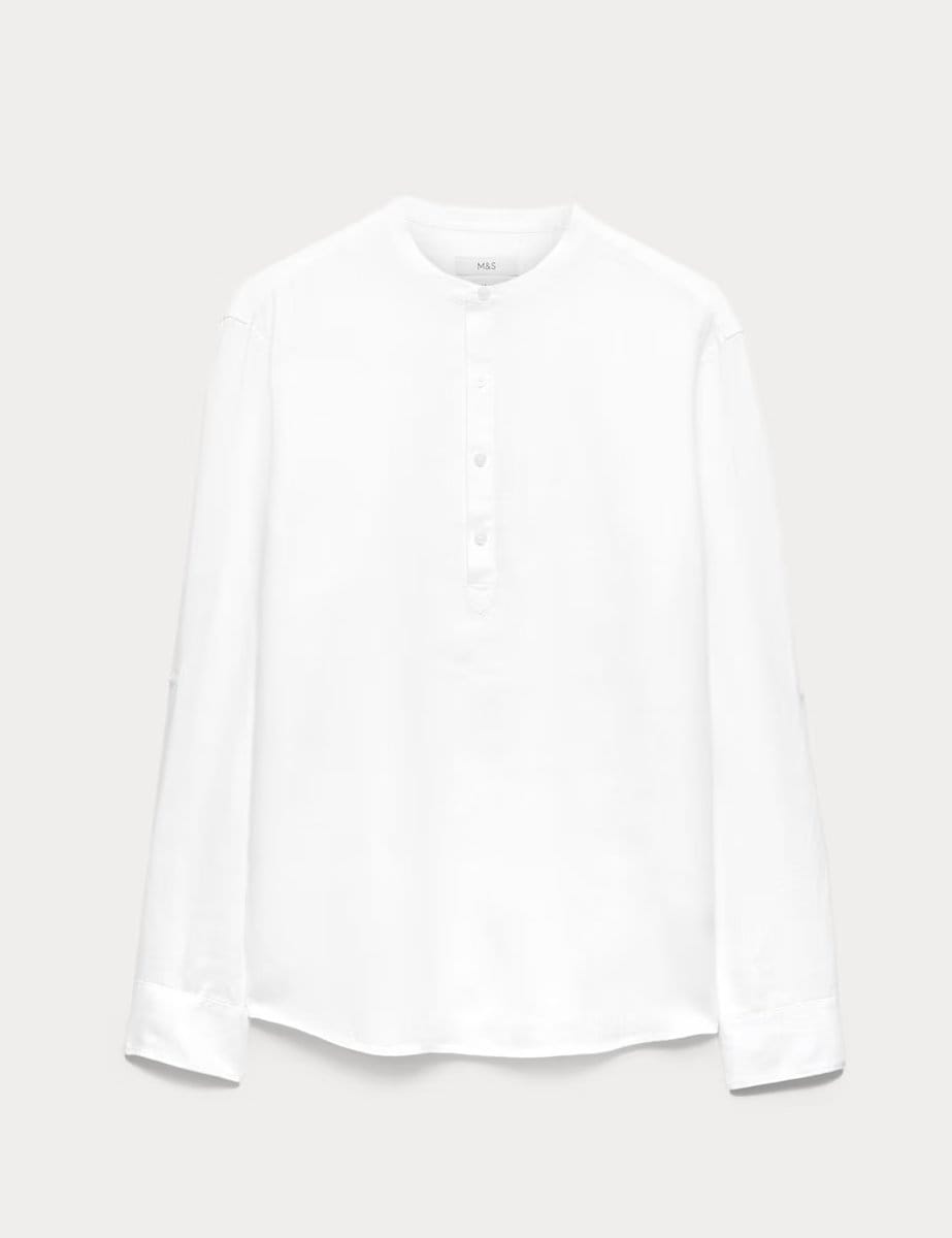 Marks & Spencer M&S Pure Linen Grandad Collar Shirt White - 1
