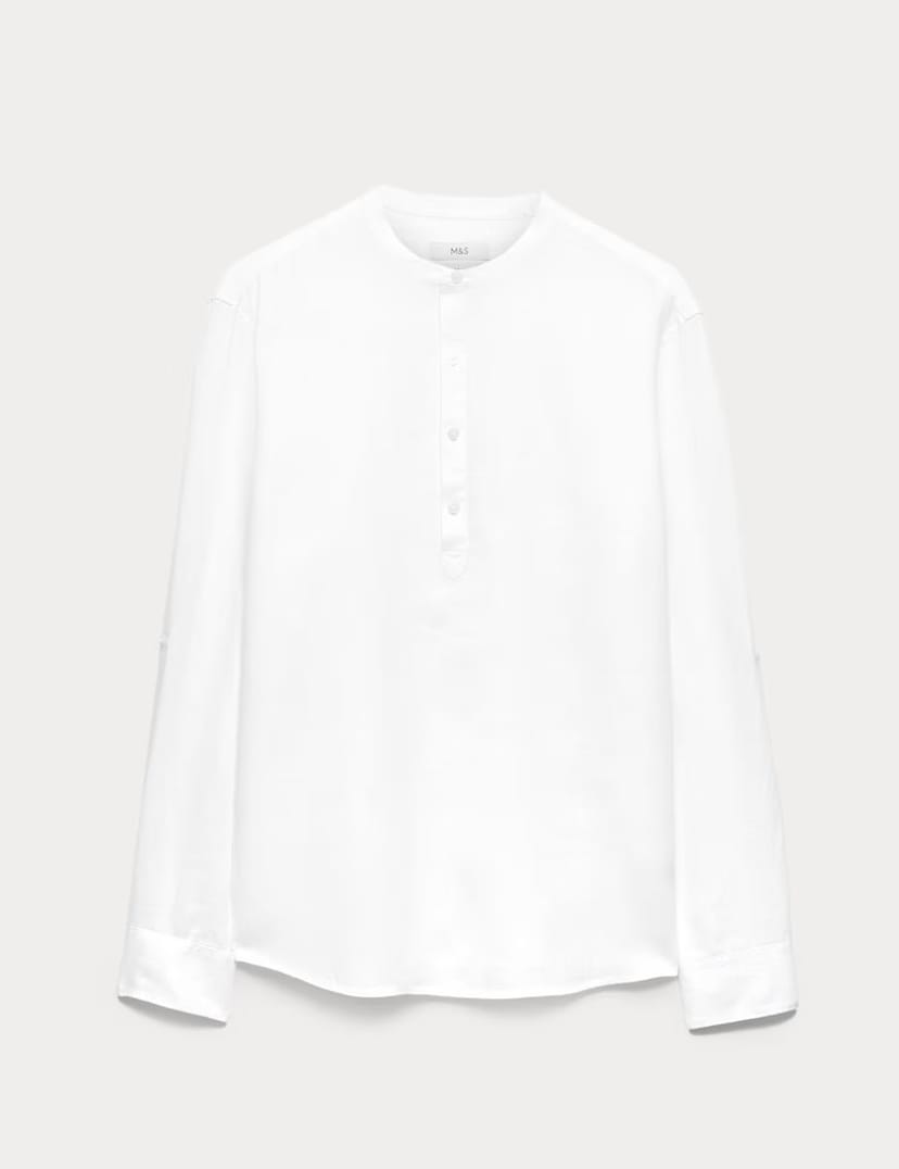 Marks & Spencer M&S Pure Linen Grandad Collar Shirt White - 1