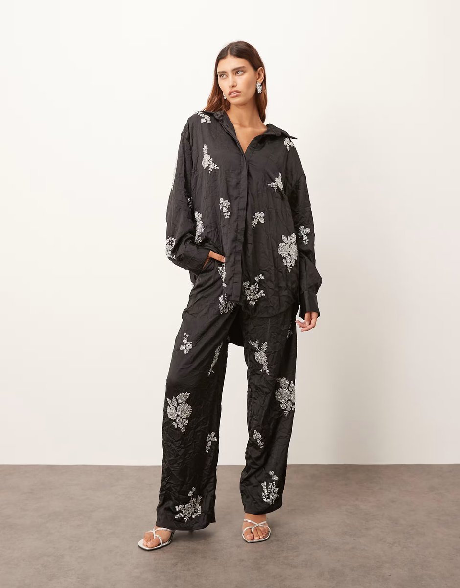 ASOS  ARRANGE crinkle satin floral embellished shirt  co-ord in black - 3