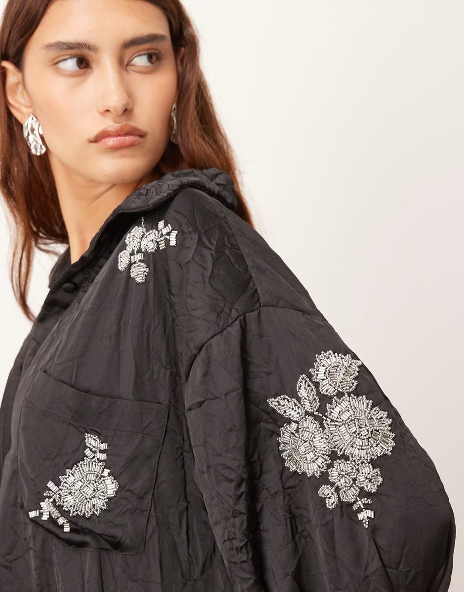 ASOS  ARRANGE crinkle satin floral embellished shirt  co-ord in black - 4