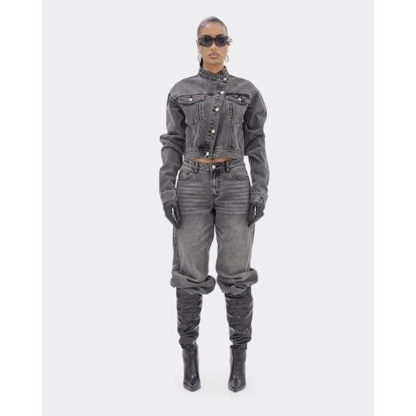 EGO Low Rise Wide Leg Detail Jeans In Washed Grey Denim, Women's Size UK 6 - 2