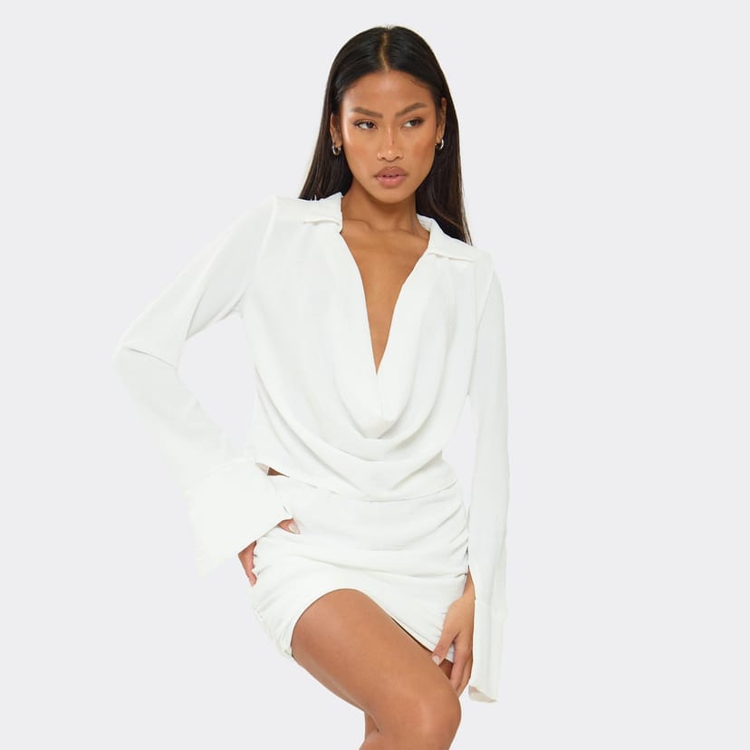 EGO Long Sleeve Cowl Front Collared Top In White Textured, Women's Size UK 6 - 1