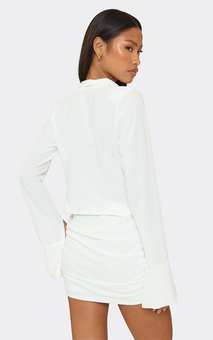 EGO Long Sleeve Cowl Front Collared Top In White Textured, Women's Size UK 6 - 2