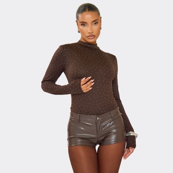 EGO High Neck Long Sleeve Diamante Bodysuit In Chocolate Brown, Women's Size UK 16