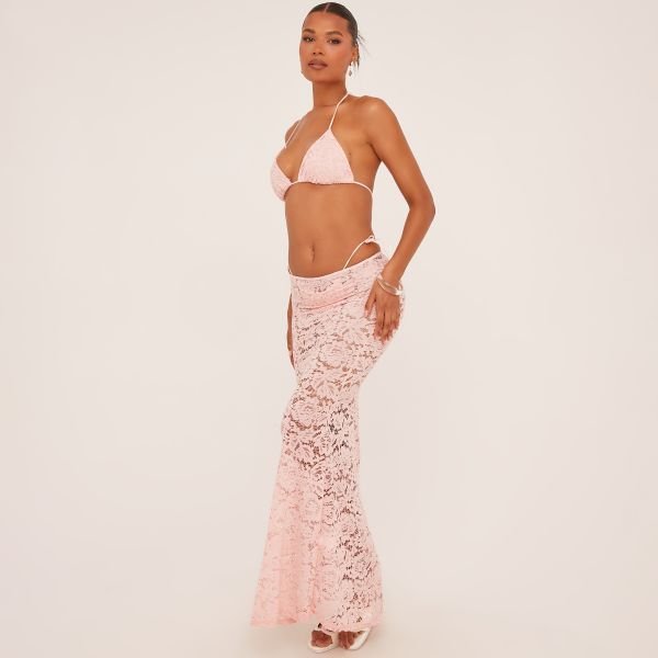 EGO Low Rise Maxi Beach Skirt In Pink Lace, Women's Size UK Large L - 2