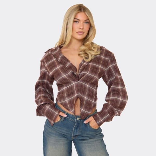EGO EGO Long Sleeve Cinched Waist Shirt in Chocolate Brown Check