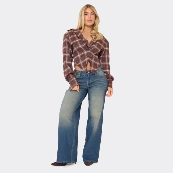 EGO Long Sleeve Cinched Waist Shoulder Pad Shirt In Chocolate Brown Check Print, Women's Size UK 6 - 2