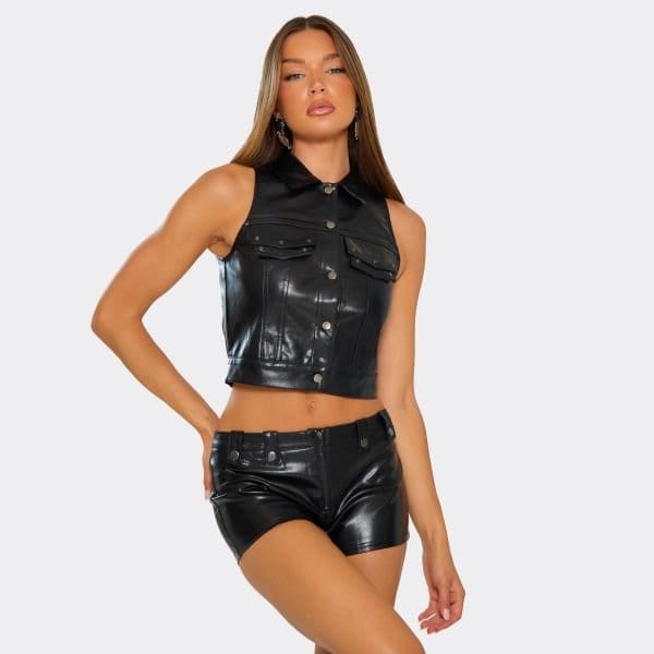 EGO Sleeveless Stud Pocket Detail Waistcoat In Black Faux Leather, Women's Size UK 6 - 1