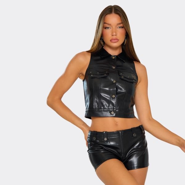 EGO Sleeveless Stud Pocket Detail Waistcoat In Black Faux Leather, Women's Size UK 6 - 2