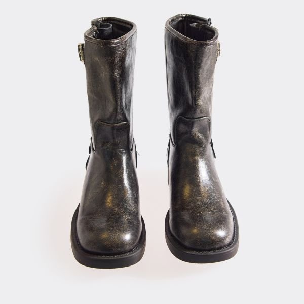 EGO Rageblade Buckle Distressed Detail Ankle Biker Boot In Black Faux Leather, Women's Size UK 3 - 2