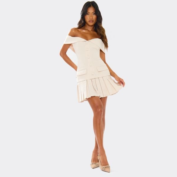 EGO Off The Shoulder Button Front Pleated Detail Mini Dress In Nude, Women's Size UK Large L - 2