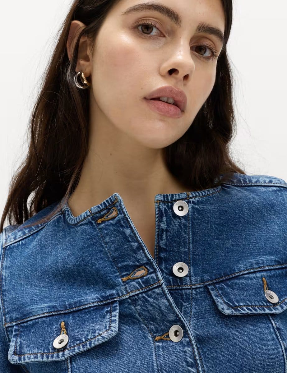 Marks & Spencer M&S Denim Collarless Fitted Utility Jacket Medium Indigo - 4