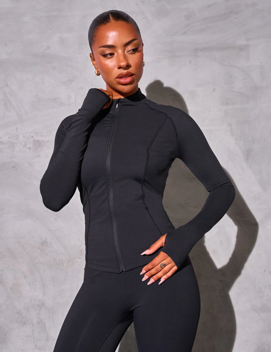 Kaiia Kaiia Sculpt Long Sleeve Zip Through Fitted Jacket Black on Black - 4