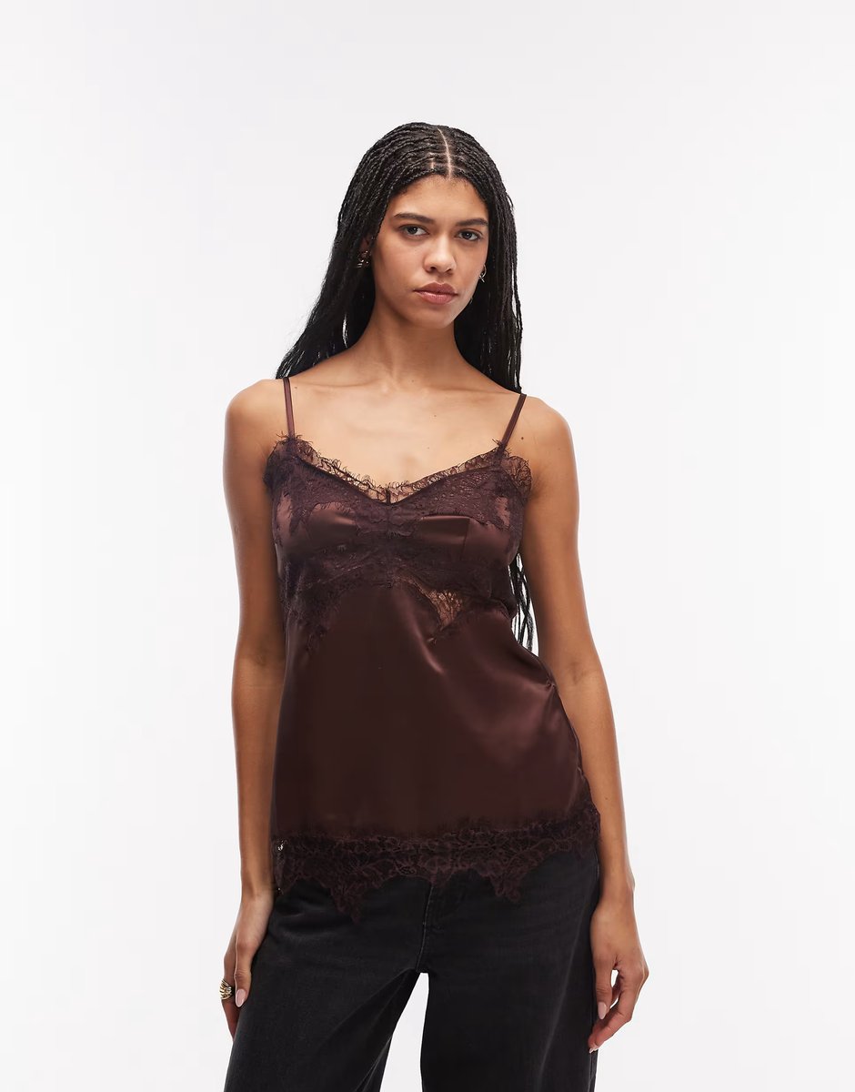 ASOS ASOS DESIGN lace trim long line satin cami top in brown - 1
