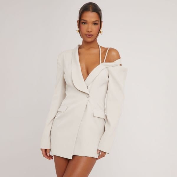 EGO Strappy Detail Blazer Dress In Stone Woven, Women's Size UK 6 - 1