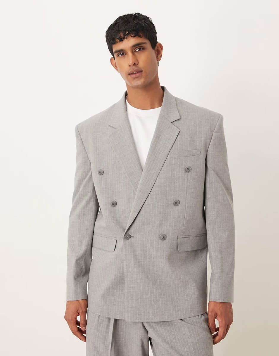 ASOS ASOS DESIGN Grey Pinstripe Double Breasted Suit Jacket