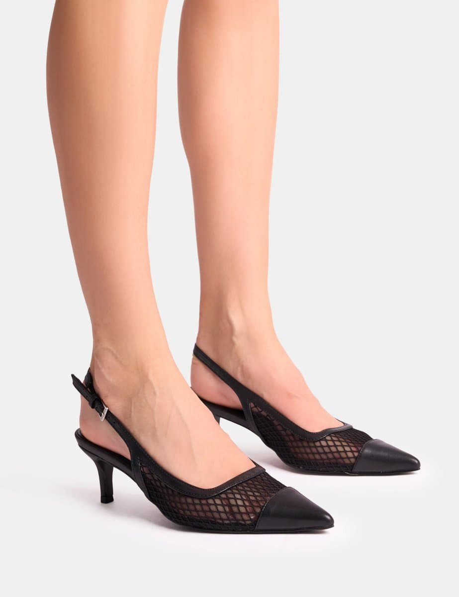 Public Desire Roue Black Mesh Detail Slingback Mid Court Heels