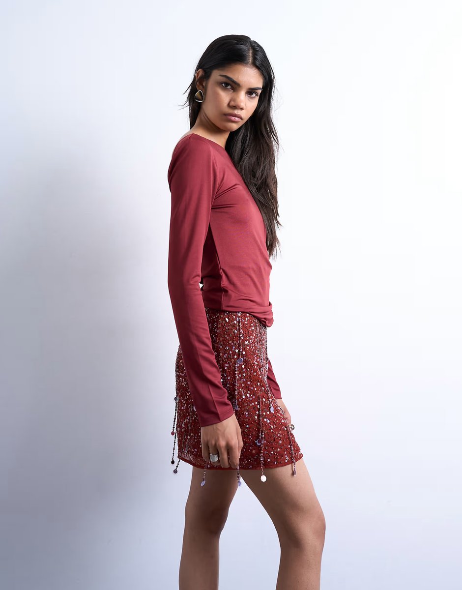 ASOS Topshop sequin mini skirt in burgundy - 3