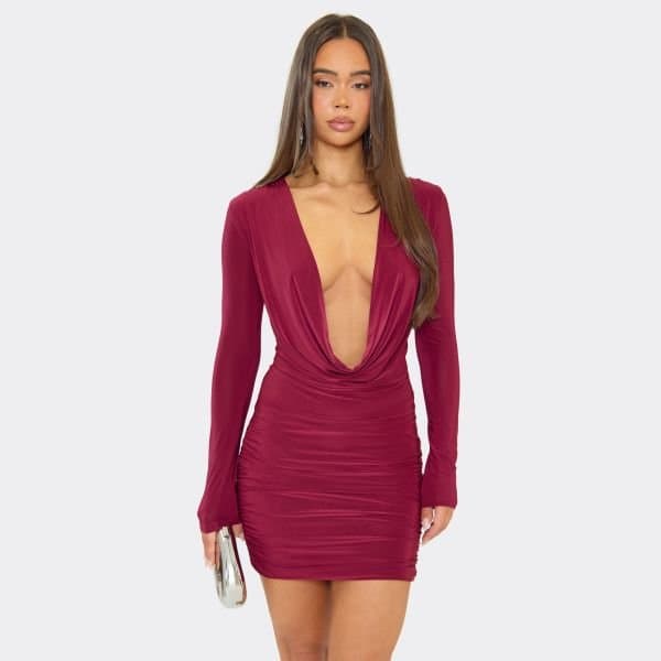 EGO Long Sleeve Cowl Front Mini Dress In Burgundy Slinky, Women's Size UK 6