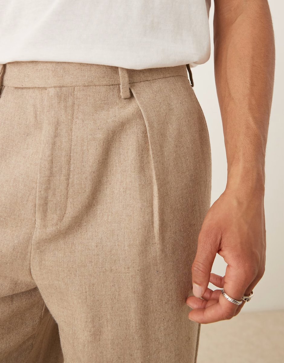 ASOS ASOS DESIGN smart wide leg wool mix trousers with front pleat in stone - 3