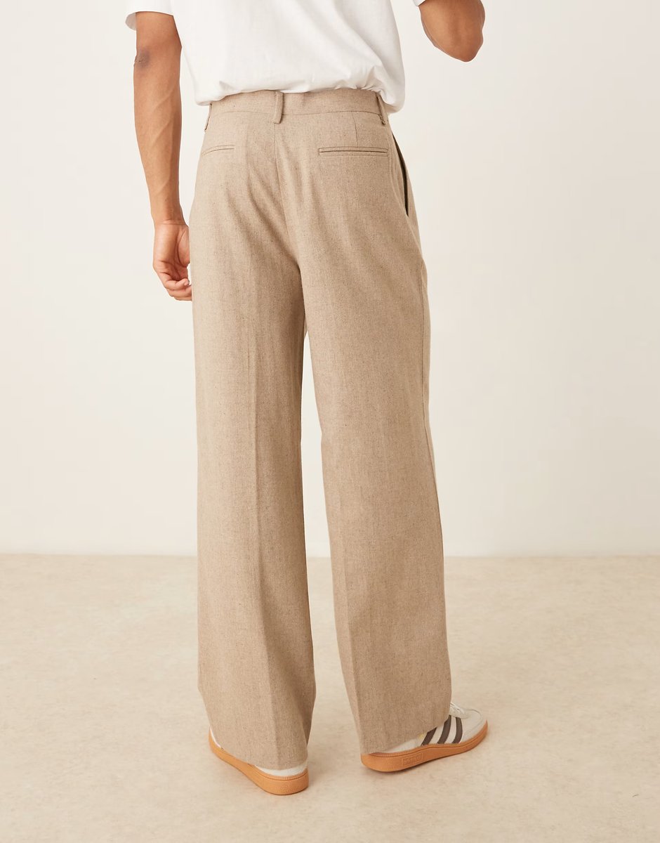 ASOS ASOS DESIGN smart wide leg wool mix trousers with front pleat in stone - 4
