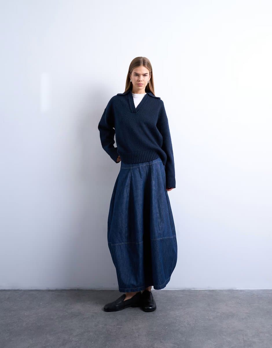 ASOS Topshop denim seamed barrel maxi skirt in rich blue