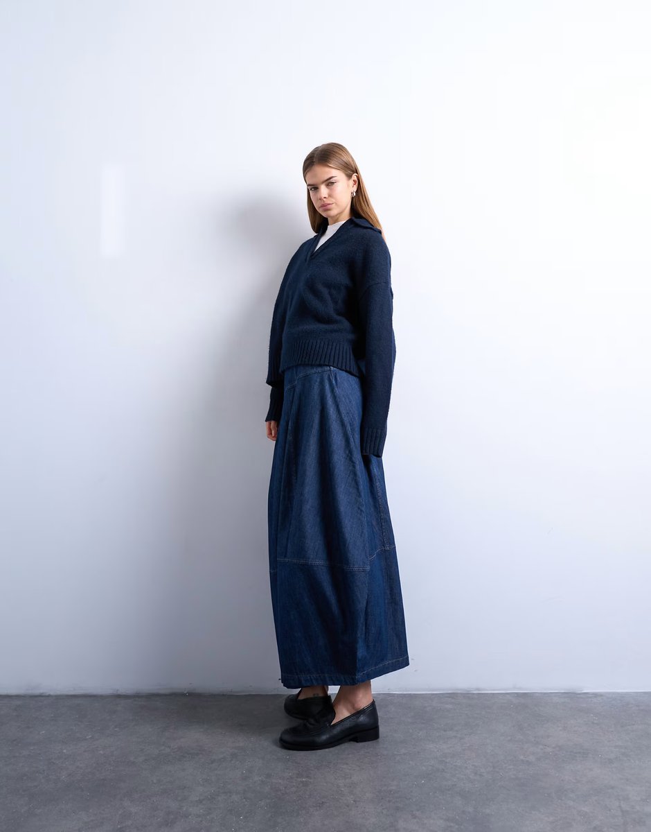 ASOS Topshop denim seamed barrel maxi skirt in rich blue - 3