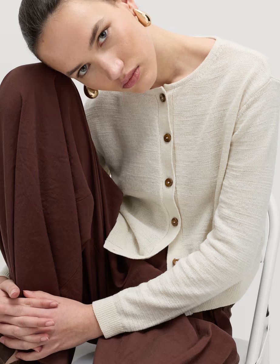 Marks & Spencer M&S Cotton Rich Button Through Cropped Cardigan Light Natural