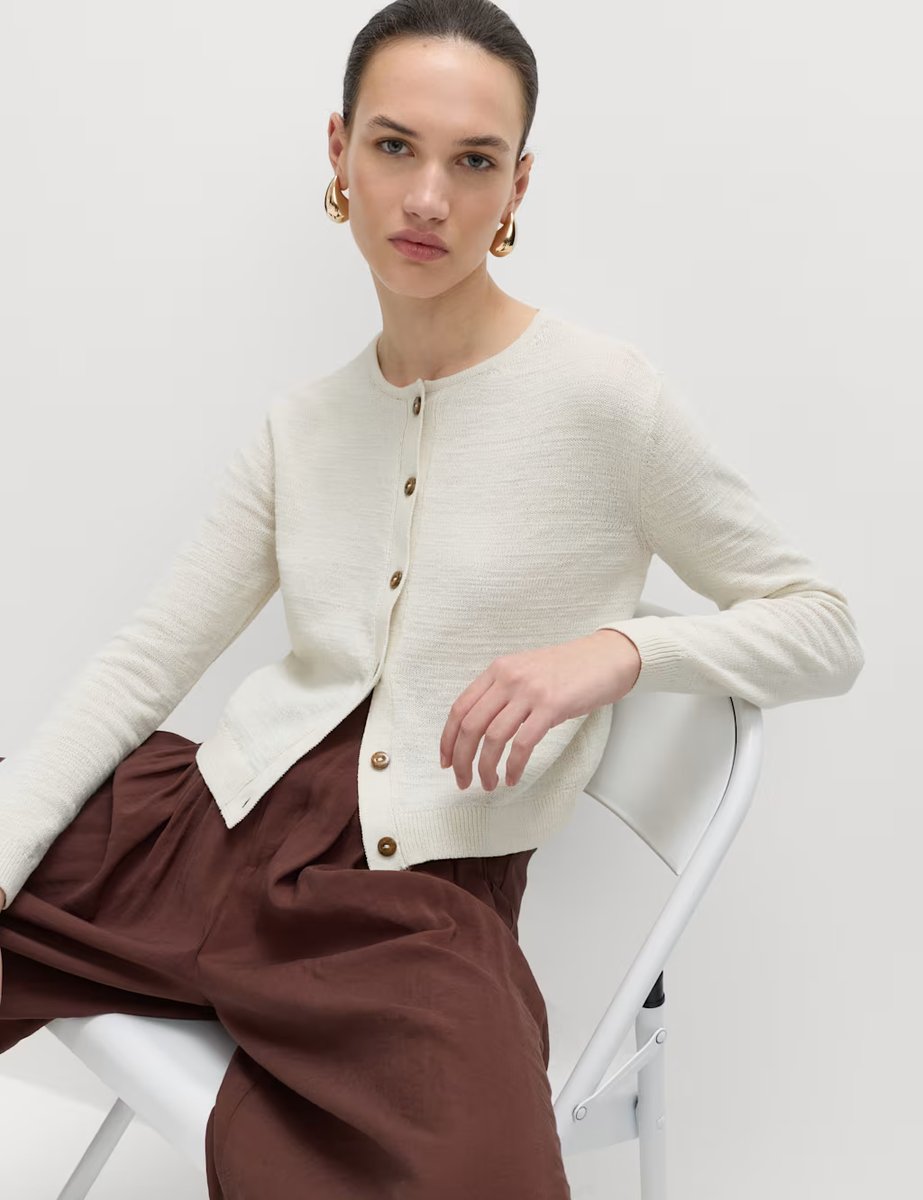 Marks & Spencer M&S Cotton Rich Button Through Cropped Cardigan Light Natural - 3