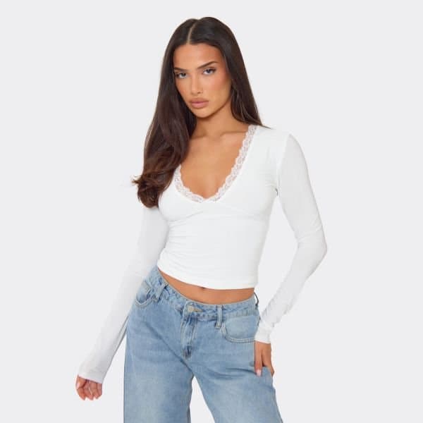 EGO EGO Elegant Lace Trim Long Sleeve Top in White