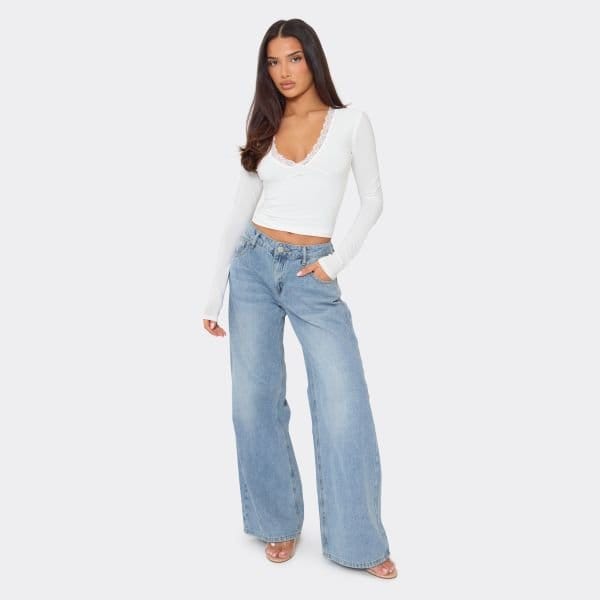 EGO LONG SLEEVE LACE TRIM TOP IN WHITE, Women's Size UK 6 - 2