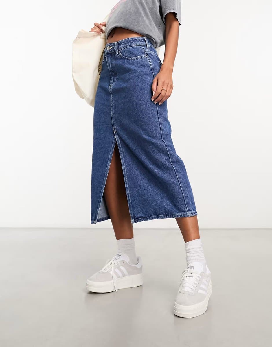 ASOS ONLY denim midi skirt with front split in mid blue 