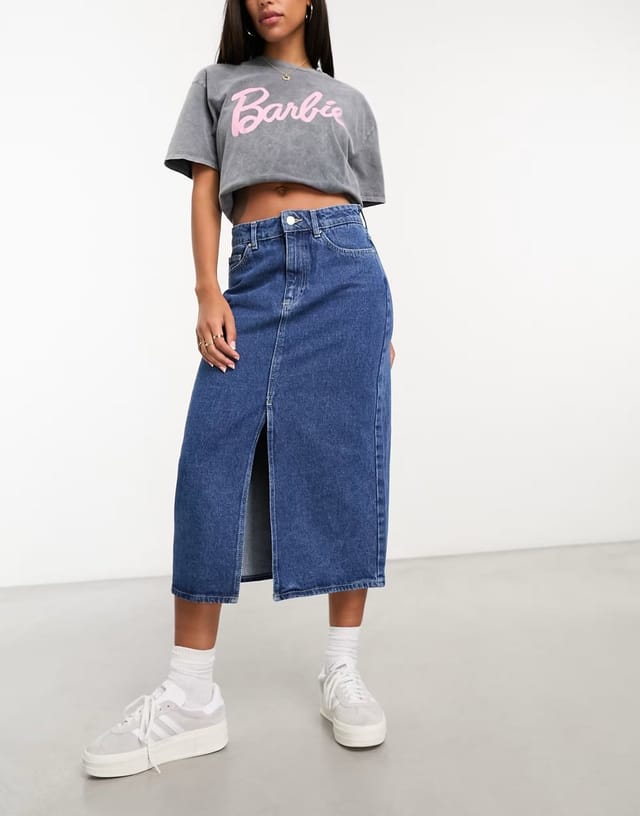 ASOS ONLY denim midi skirt with front split in mid blue  - 3