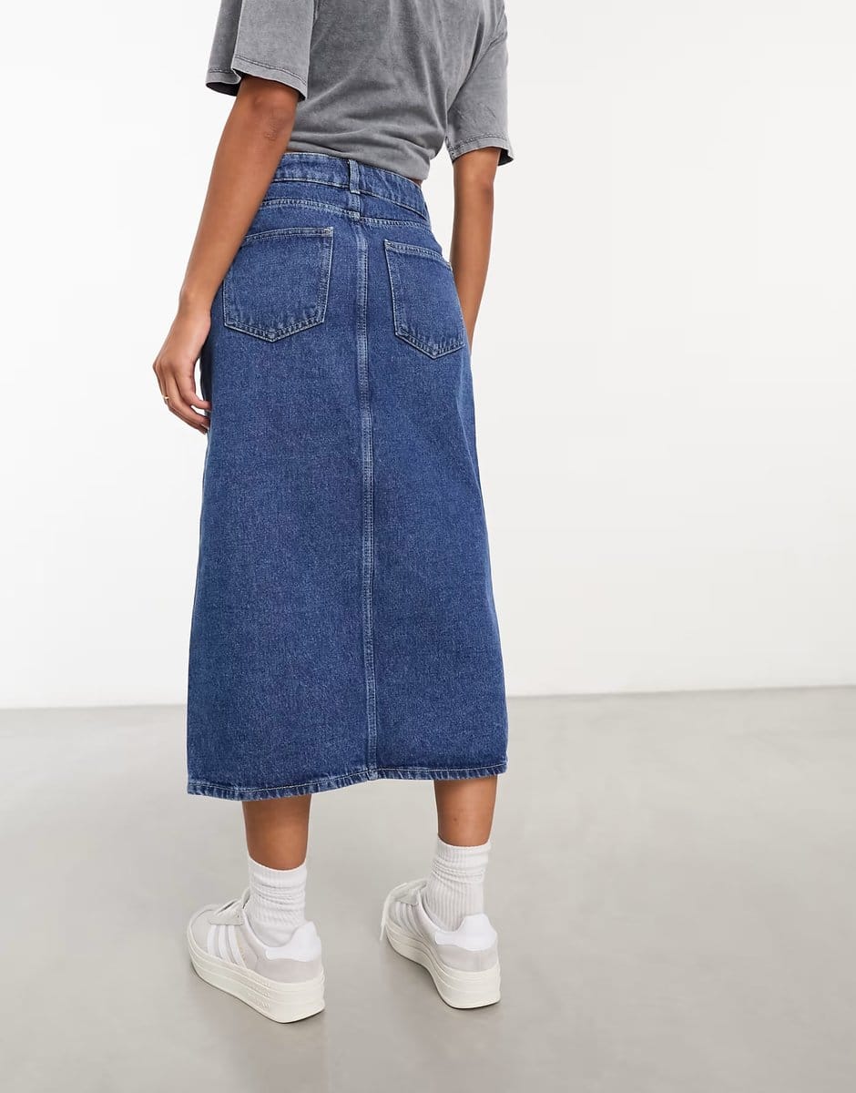 ASOS ONLY denim midi skirt with front split in mid blue  - 4