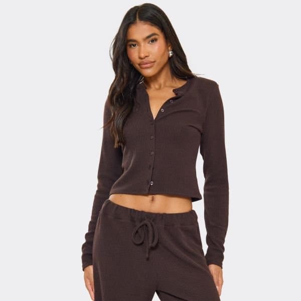 EGO Shoulder Pad Button Up Fitted Top In Chocolate Brown Ribbed, Women's Size UK 4