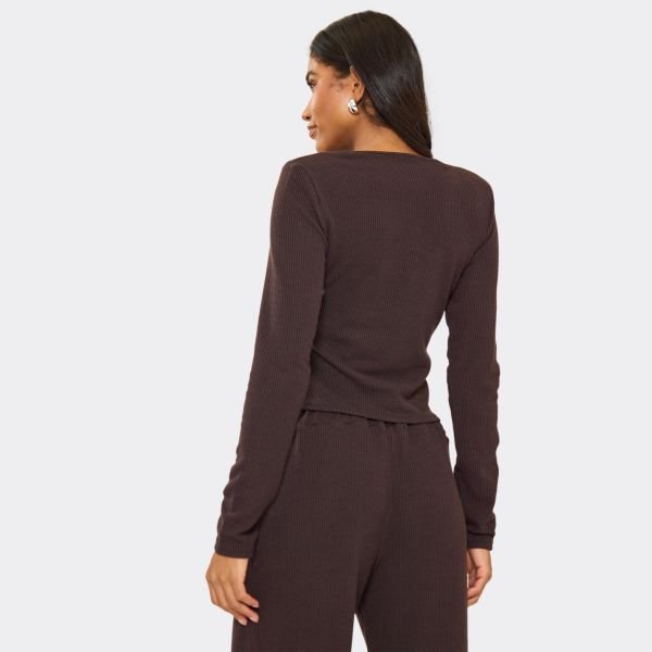 EGO Shoulder Pad Button Up Fitted Top In Chocolate Brown Ribbed, Women's Size UK 4 - 2