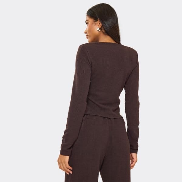 EGO Shoulder Pad Button Up Fitted Top In Chocolate Brown Ribbed, Women's Size UK 4 - 2
