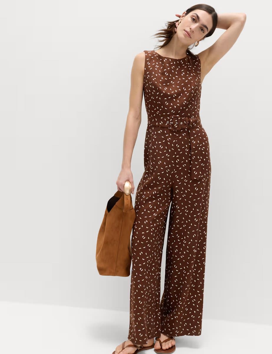 Marks & Spencer M&S Linen Blend Printed Belted Jumpsuit Brown Mix