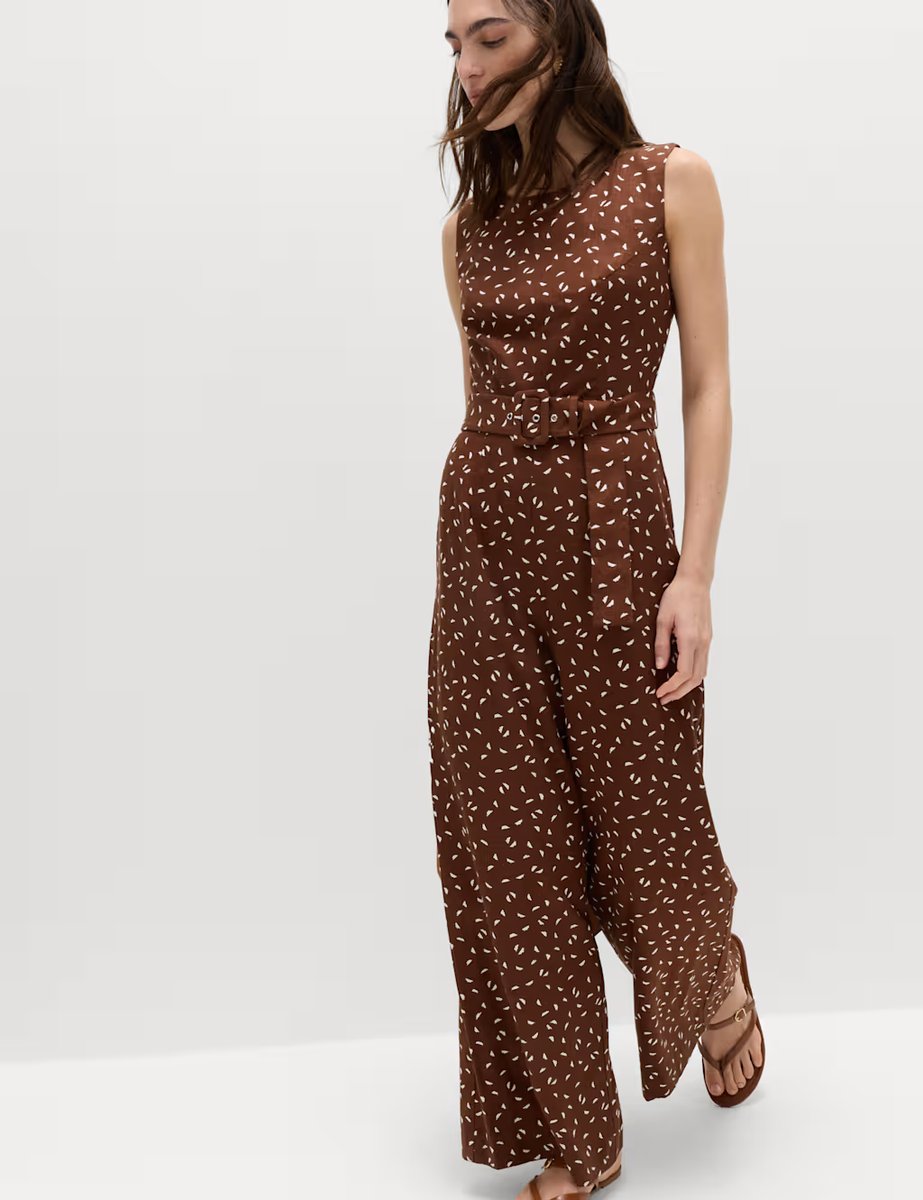 Marks & Spencer M&S Linen Blend Printed Belted Jumpsuit Brown Mix - 4