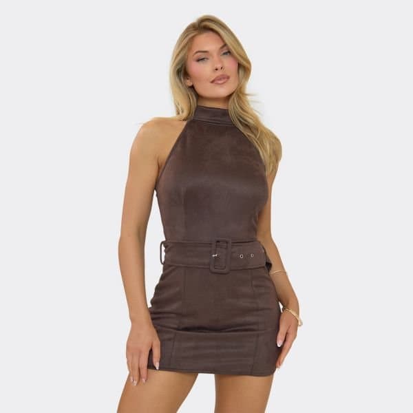 EGO High Neck Belted Mini Dress In Brown Faux Suede, Women's Size UK 6