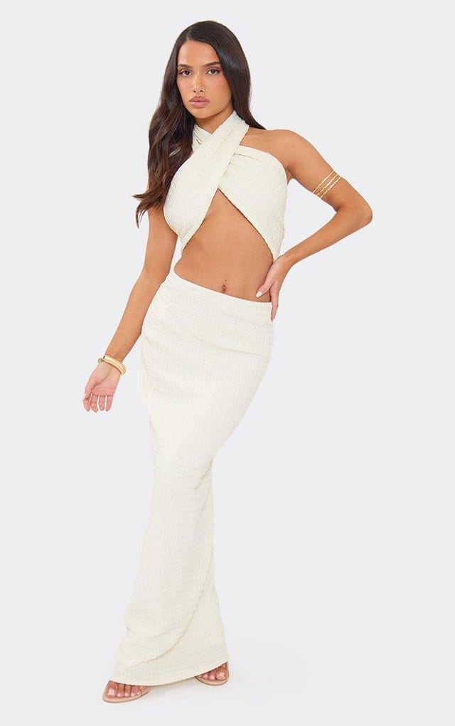 EGO Mid Rise Maxi Skirt In Cream Textured, Women's Size UK 6 - 2