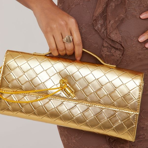 EGO Tori Woven Detail Rectangle Shaped Clutch Bag In Gold Faux Leather, Women's Size UK One Size - 2