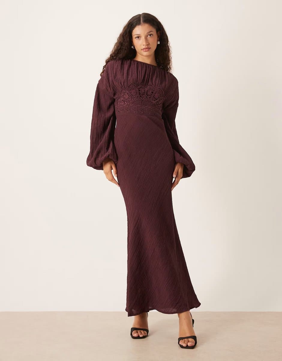ASOS ASOS DESIGN crew neck maxi dress with volume sleeve and lace bust detail in mulberry